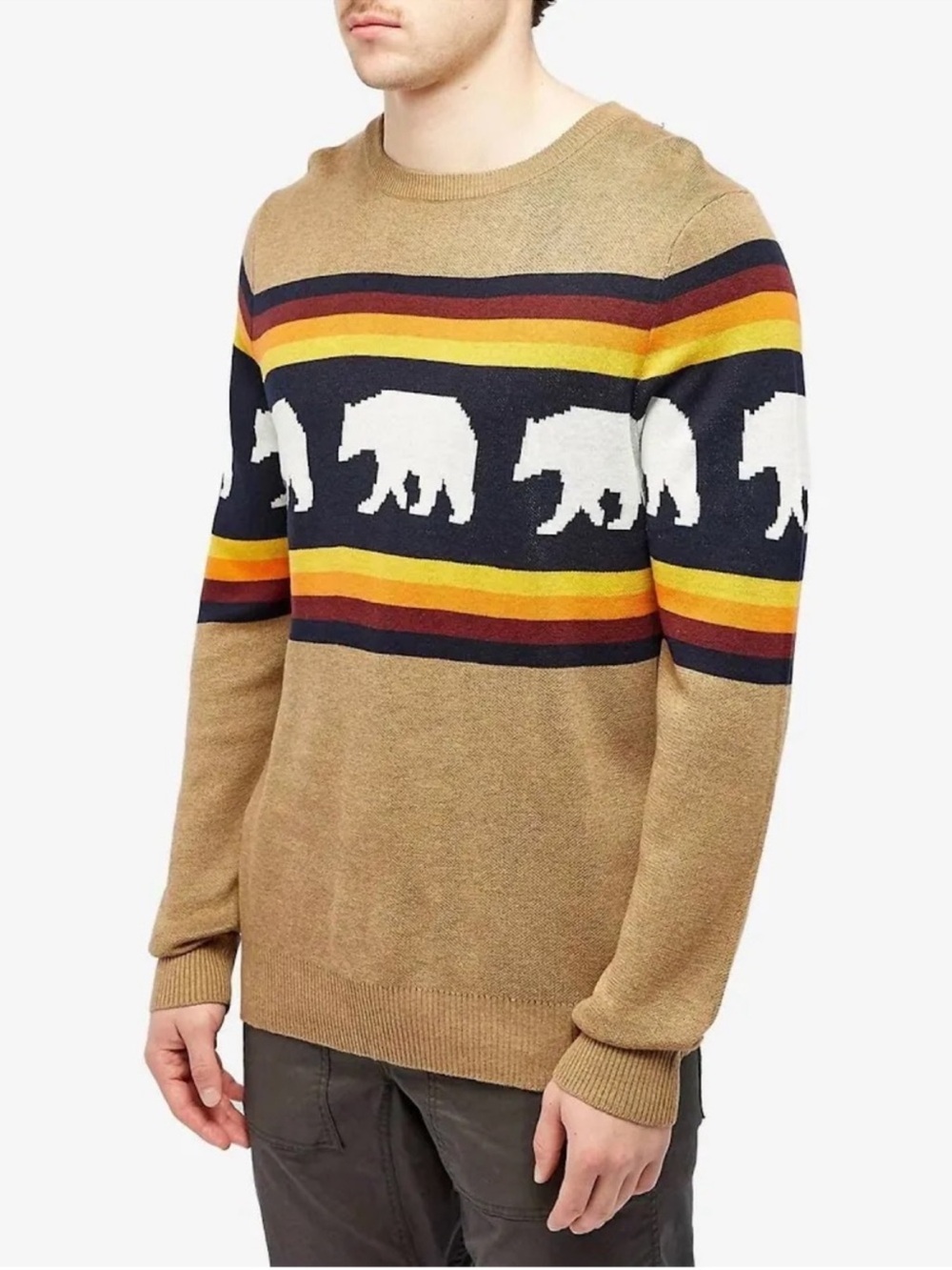 Kavu Highline Crewneck Sweater Snow Bear Tan Retro Stripe Knit Outdoors Size XL